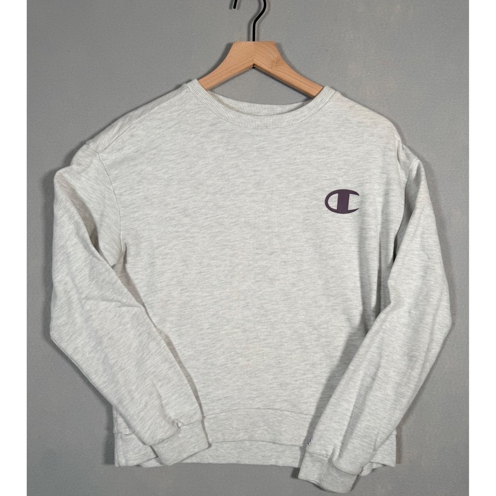 Champion Womens Crewneck Sweatshirt Grey Heather‎ Purple Logo Size M RN15763